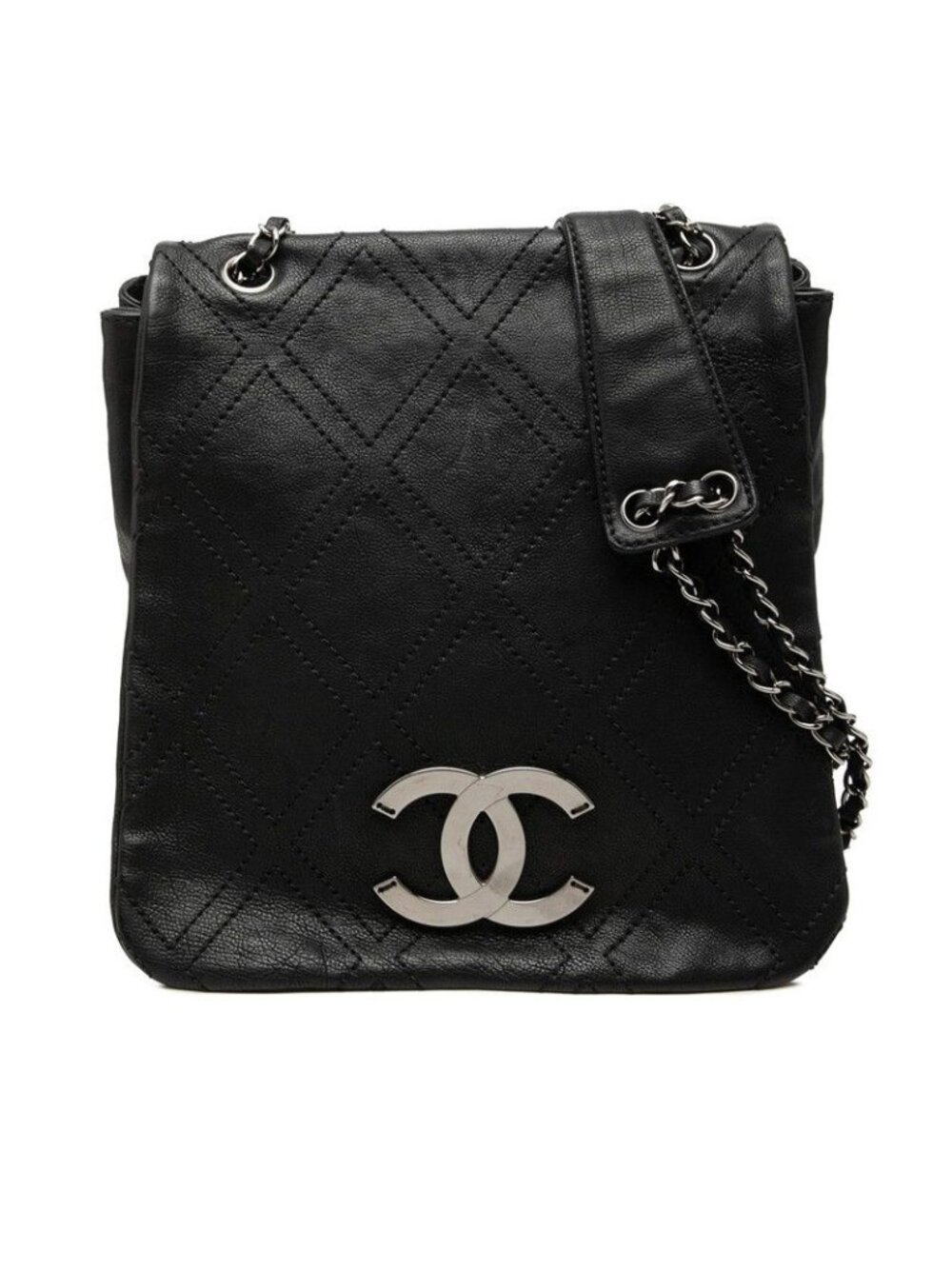 Chanel Diamond Stitch CC Logo Messenger Shoulder Bag Black Leather